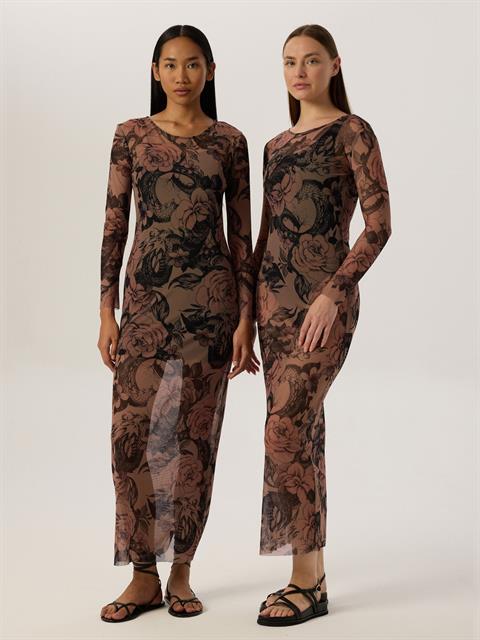 Geniş Bisiklet Yaka Uzun Kol Maxi Boy Tül Elbise - Dövme Desenli