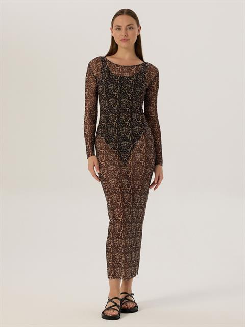 Geniş Bisiklet Yaka Uzun Kol Maxi Boy Tül Elbise - Leopar Desenli