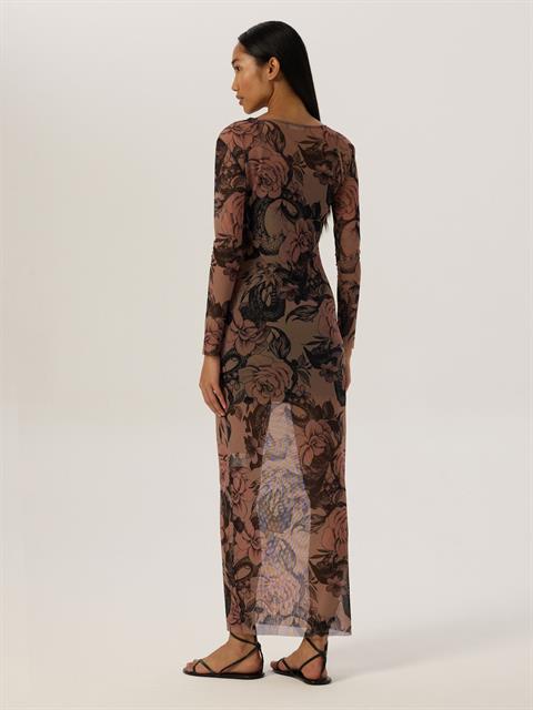 Geniş Bisiklet Yaka Uzun Kol Maxi Boy Tül Elbise - Dövme Desenli