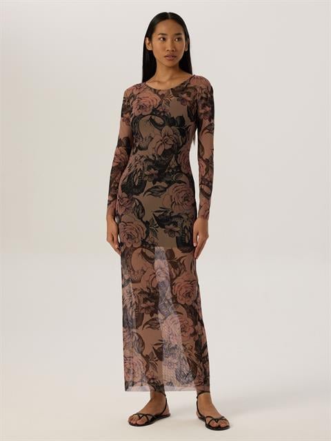 Geniş Bisiklet Yaka Uzun Kol Maxi Boy Tül Elbise - Dövme Desenli