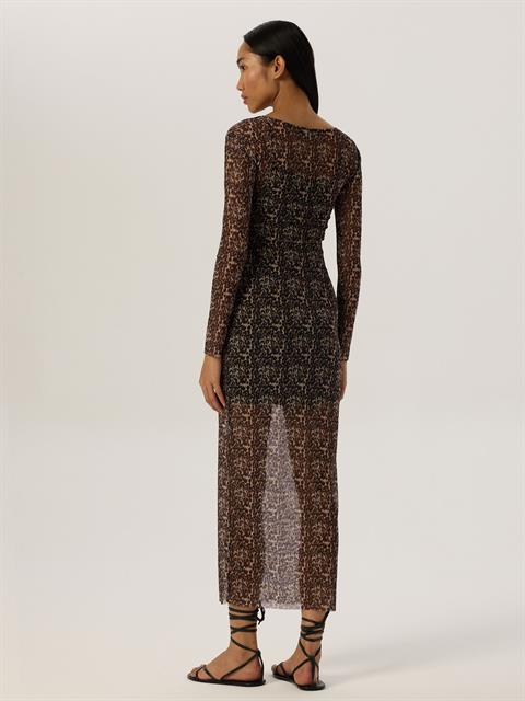 Geniş Bisiklet Yaka Uzun Kol Maxi Boy Tül Elbise - Leopar Desenli