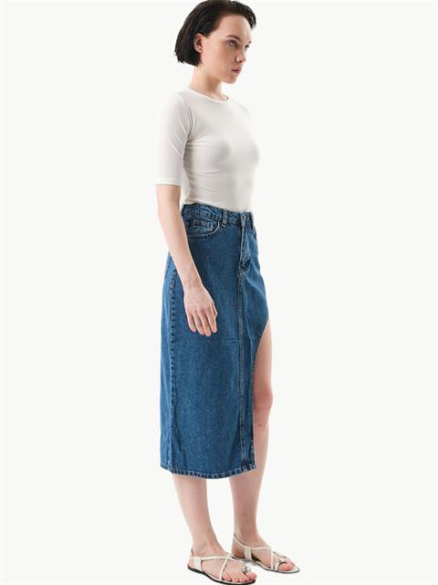Derin Yırtmaçlı Jean Etek - Indigo