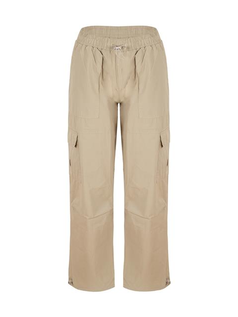 Paçası ve Beli Büzgü Detaylı Kargo Pantolon - Bej