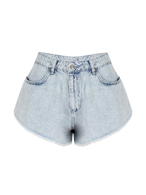 Paçası Dikişsiz Bol Kesim Mini Jean Şort - Mavi