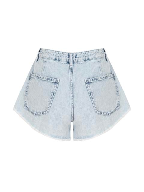 Paçası Dikişsiz Bol Kesim Mini Jean Şort - Mavi