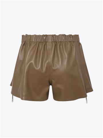 Aksesuar Detaylı Beli Lastikli Mini Deri Şort - Vizon