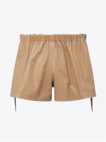Aksesuar Detaylı Beli Lastikli Mini Deri Şort - Camel