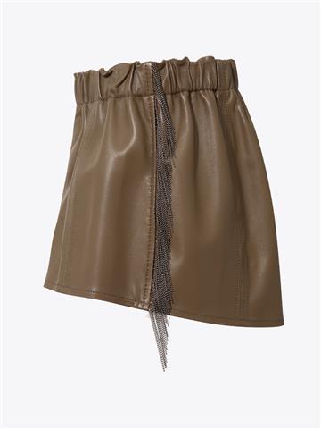 Aksesuar Detaylı Beli Lastikli Mini Deri Şort - Vizon