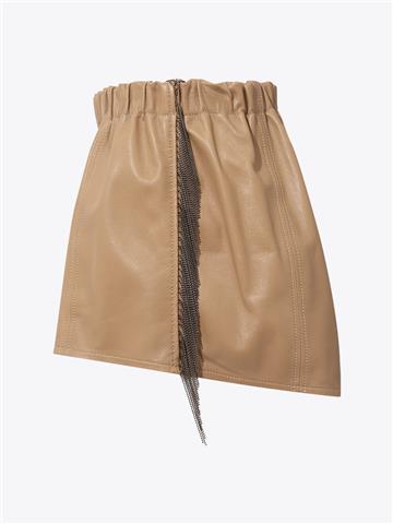 Aksesuar Detaylı Beli Lastikli Mini Deri Şort - Camel