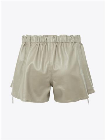 Aksesuar Detaylı Beli Lastikli Mini Deri Şort - Bej