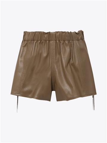 Aksesuar Detaylı Beli Lastikli Mini Deri Şort - Vizon