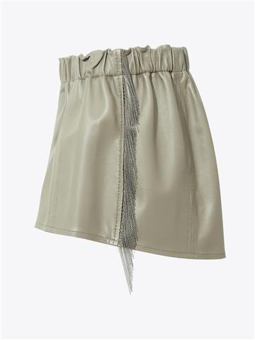Aksesuar Detaylı Beli Lastikli Mini Deri Şort - Bej