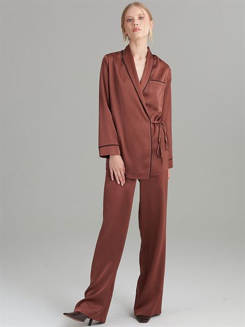 Anvelop Kapama Saten Pijama Ceket - Bakır