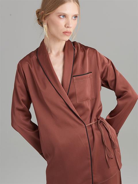 Anvelop Kapama Saten Pijama Ceket - Bakır