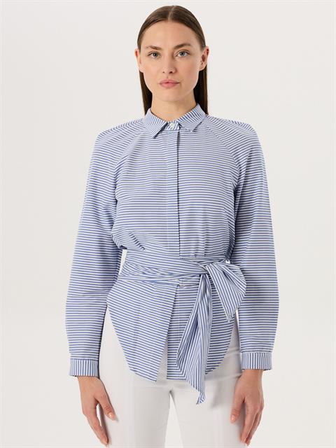 Asimetrik Kesim Düğmeli Gömlek - Mavi Çizgili