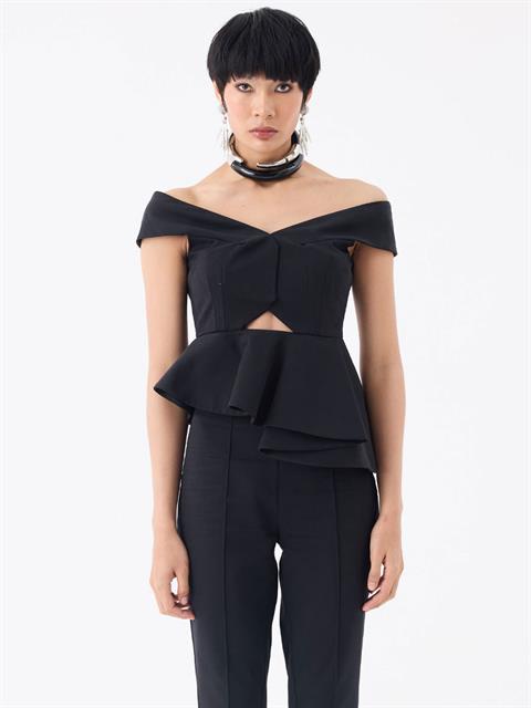 Asimetrik Volan Detaylı Omuzsuz Bustiyer Bluz - Siyah