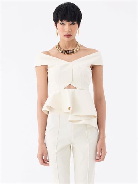 Asimetrik Volan Detaylı Omuzsuz Bustiyer Bluz - Ekru
