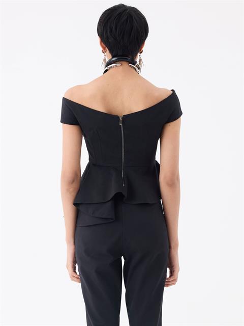 Asimetrik Volan Detaylı Omuzsuz Bustiyer Bluz - Siyah
