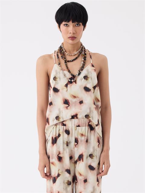 Ayarlanabilir İnce Askılı Çiçek Desenli Salaş Bluz - Bej Desenli