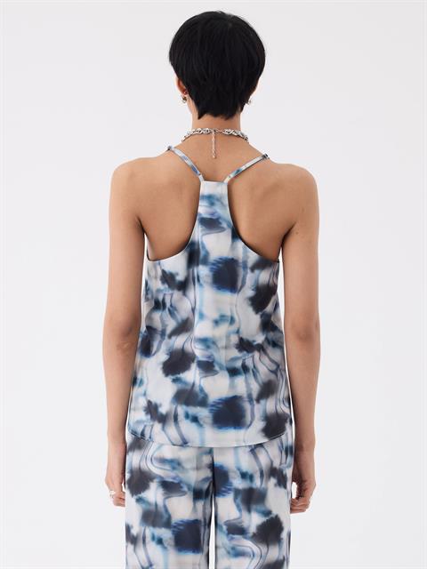 Ayarlanabilir İnce Askılı Çiçek Desenli Salaş Bluz - Mavi Desenli