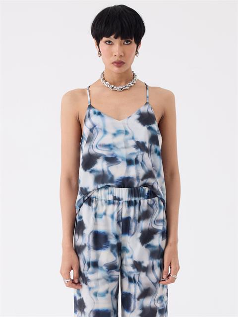 Ayarlanabilir İnce Askılı Çiçek Desenli Salaş Bluz - Mavi Desenli