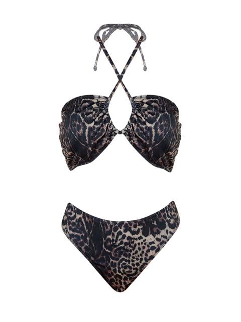 Bağlamalı Straplez Bikini Takımı - Leopar