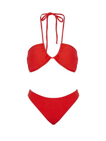 Bağlamalı Straplez Bikini Takımı - Nar Çiçeği