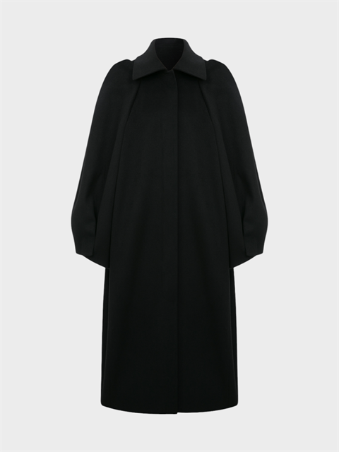 Balon Kollu Uzun Kaşe Mont - Siyah