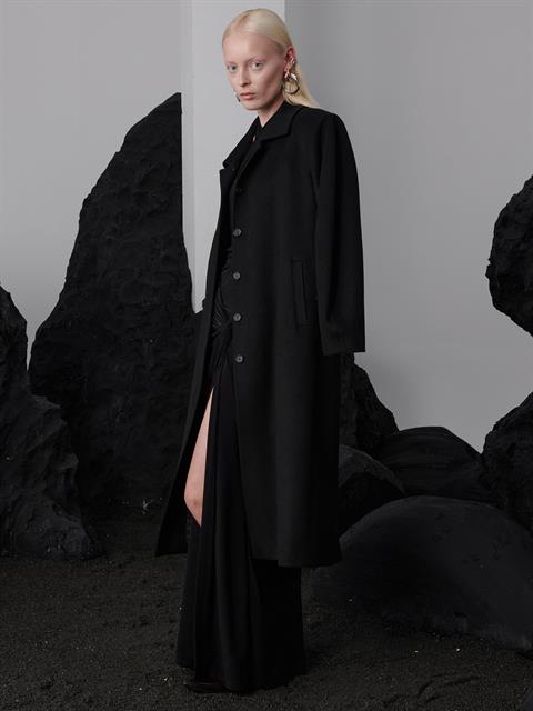 Balon Kollu Uzun Kaşe Mont - Siyah