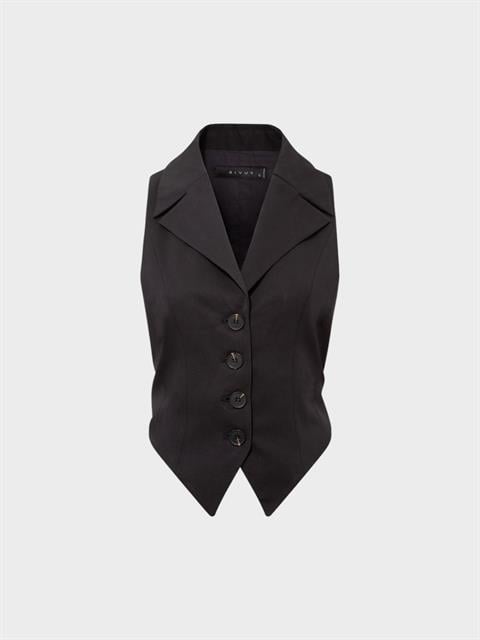 Önü Düğmeli Bel Dekolteli Arkadan Bağlama Detaylı Yelek - Siyah