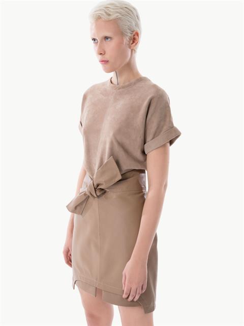 Bel Detaylı Deri Etek - Bal Köpüğü