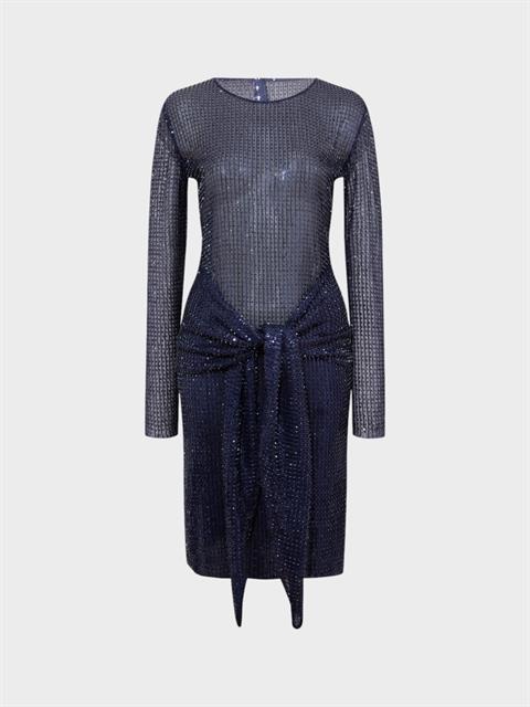 Belden Bağlama Detaylı Transparan Kısa Elbise - Lacivert