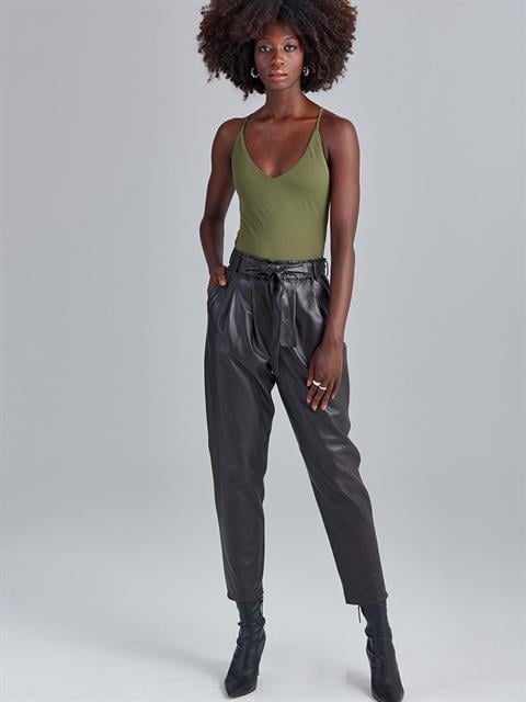 Beli Kuşaklı Deri Pantolon - Acı Kahve