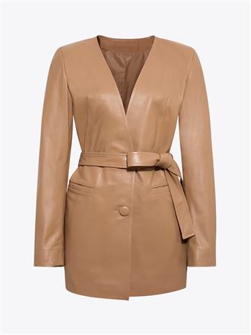 Beli Kuşaklı Düğmeli Deri Ceket - Bal Köpüğü