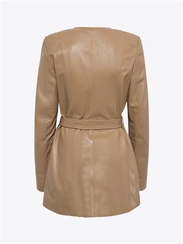 Beli Kuşaklı Düğmeli Deri Ceket - Bal Köpüğü