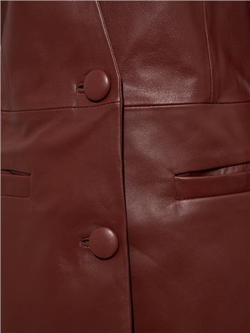 Beli Kuşaklı Düğmeli Deri Ceket - Bordo