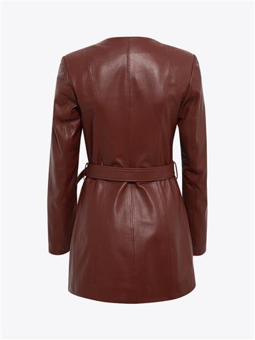 Beli Kuşaklı Düğmeli Deri Ceket - Bordo