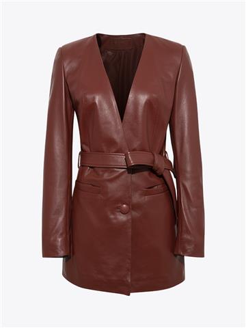 Beli Kuşaklı Düğmeli Deri Ceket - Bordo