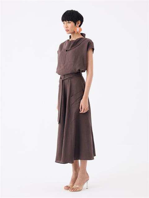 Beli Kuşaklı Fermuarlı Yırtmaç Detaylı Cepli Keten Etek - Kahve