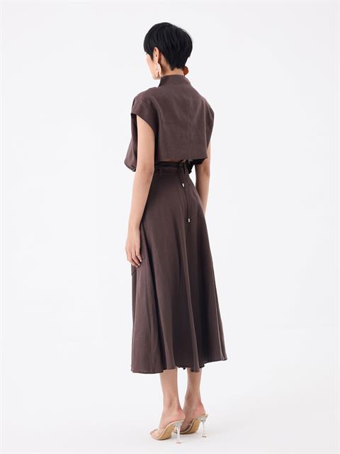 Beli Kuşaklı Fermuarlı Yırtmaç Detaylı Cepli Keten Etek - Kahve