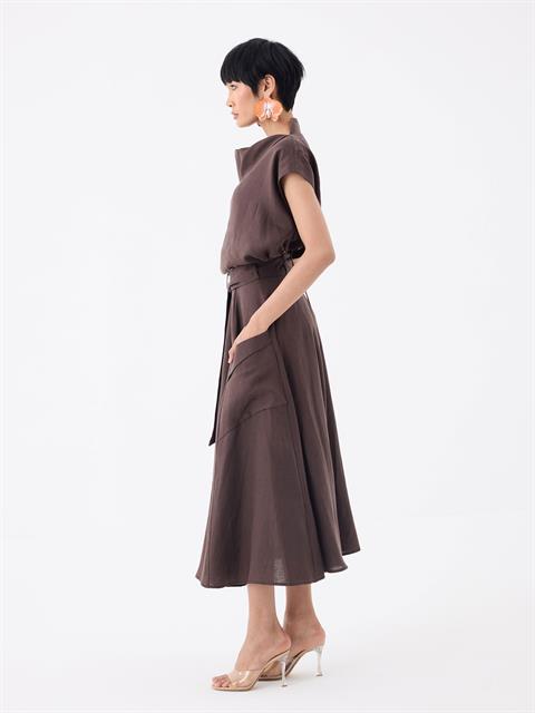 Beli Kuşaklı Fermuarlı Yırtmaç Detaylı Cepli Keten Etek - Kahve