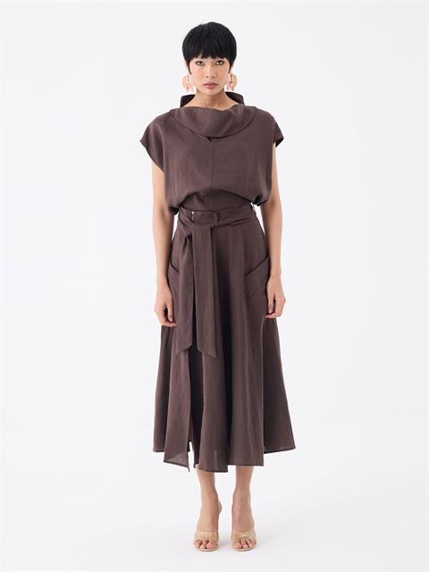 Beli Kuşaklı Fermuarlı Yırtmaç Detaylı Cepli Keten Etek - Kahve