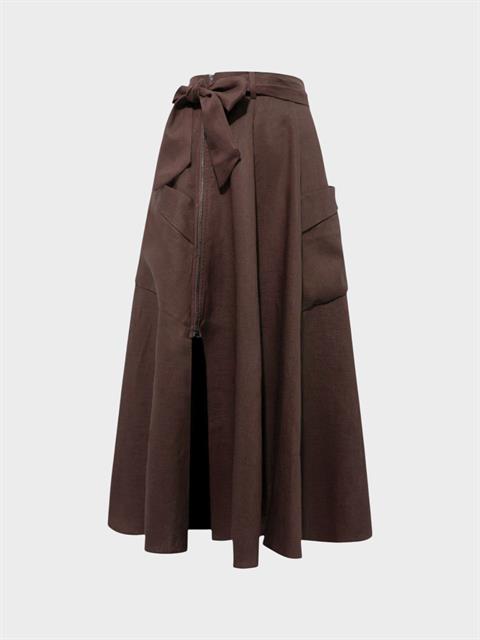 Beli Kuşaklı Fermuarlı Yırtmaç Detaylı Cepli Keten Etek - Kahve