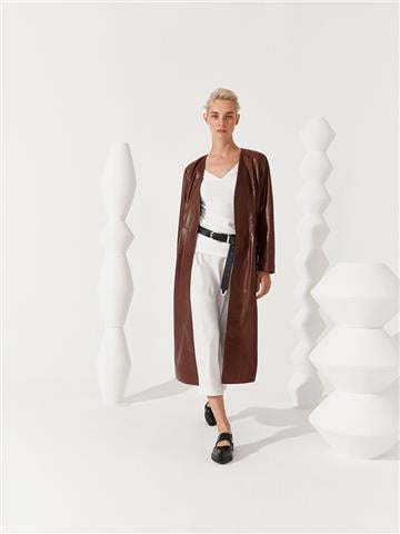 Beli Kuşaklı Kroko Dokulu Deri Trençkot - Kahve