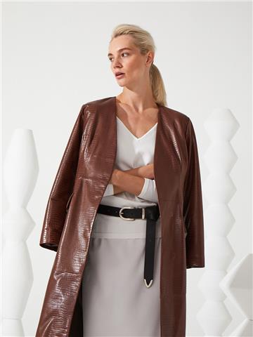 Beli Kuşaklı Kroko Dokulu Deri Trençkot - Kahve