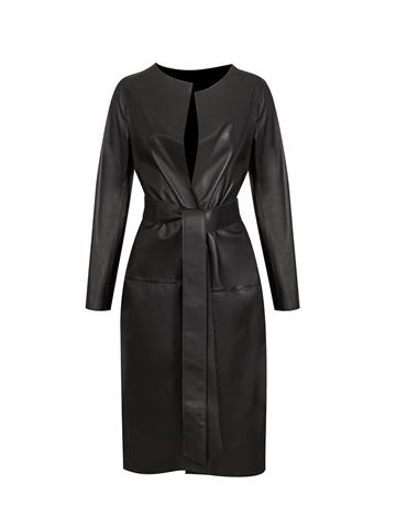 Beli Kuşaklı Uzun Deri Hırka - Siyah