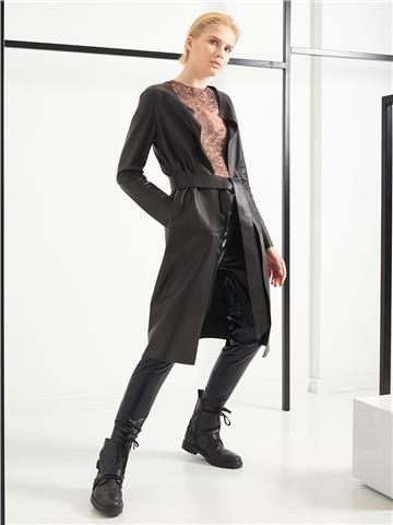 Beli Kuşaklı Uzun Deri Hırka - Siyah