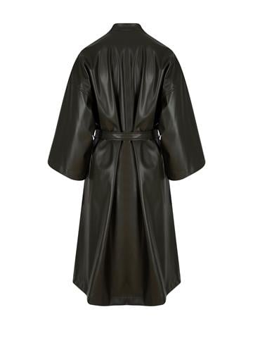 Beli Kuşaklı Uzun Vegan Deri Ceket - Haki