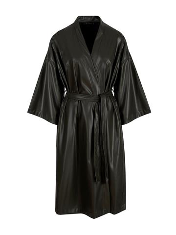 Beli Kuşaklı Uzun Vegan Deri Ceket - Haki