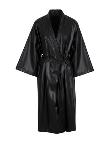 Beli Kuşaklı Uzun Vegan Deri Ceket - Siyah